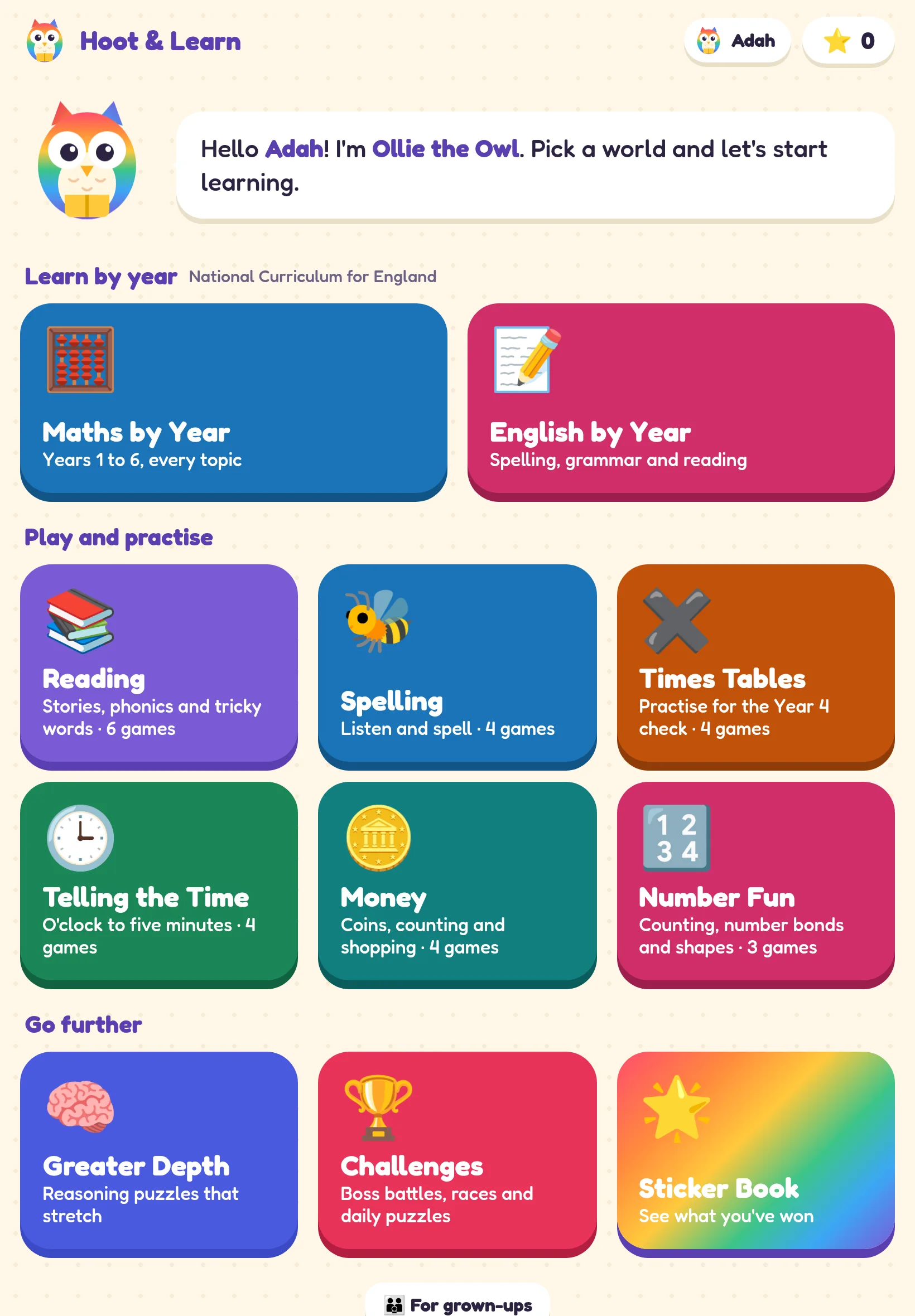 The Hoot & Learn home screen on an iPad, with worlds for maths, English, reading, spelling, times tables, time and money