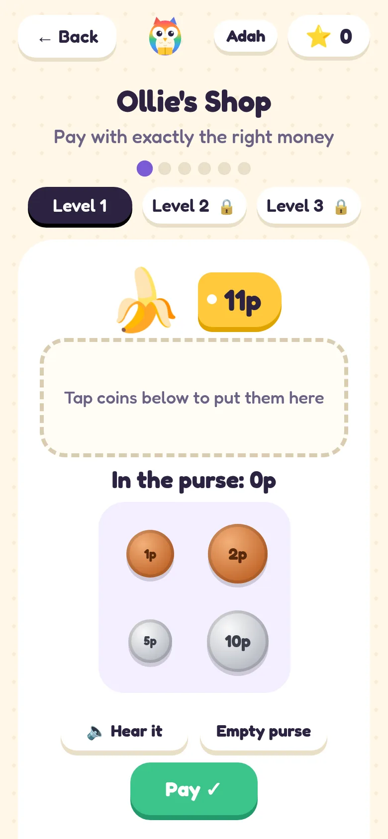 Ollie's Shop, where children pay for a banana with exactly the right coins